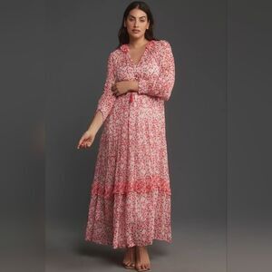 Anthropologie The Marais Printed Chiffon Maxi Dress In Red Sz Extra Large Petite
